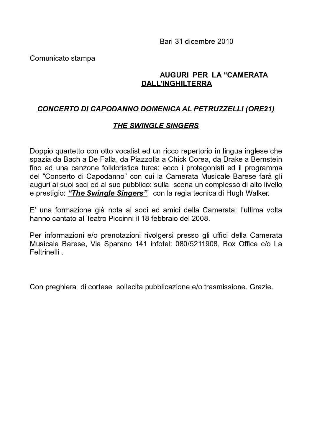 CONCERTO DI CAPODANNO DOMENICA AL PETRUZZELLI (ORE21) THE SWINGLE SINGERS