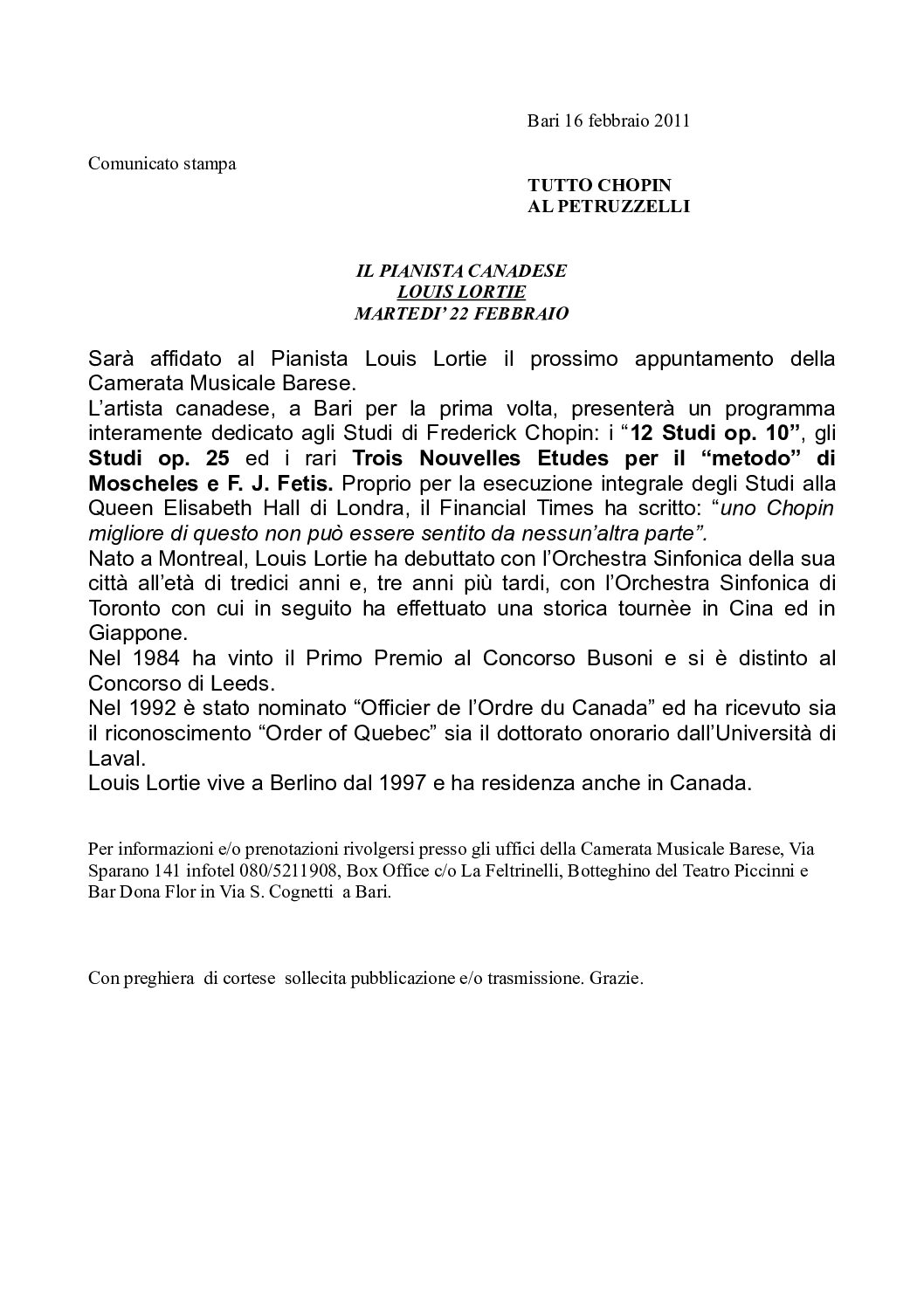 IL PIANISTA CANADESE LOUIS LORTIE MARTEDI’ 22 FEBBRAIO