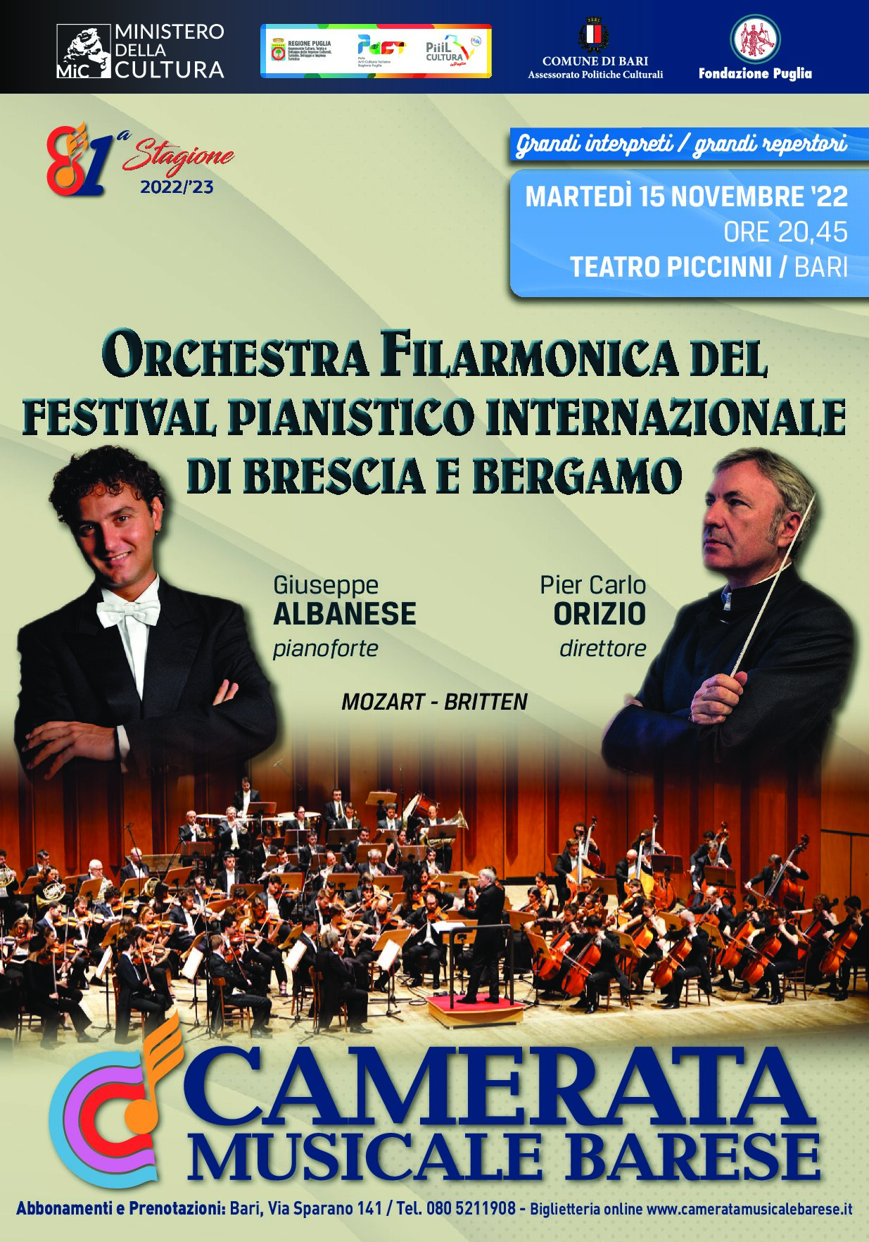 Manifesto ORCHESTRA FILARMONICA DEL FESTIVAL PIANISTICO INTERNAZIONALE DI BRESCIA E BERGAMO - Direttore PIER CARLO ORIZIO - Pianista GIUSEPPE