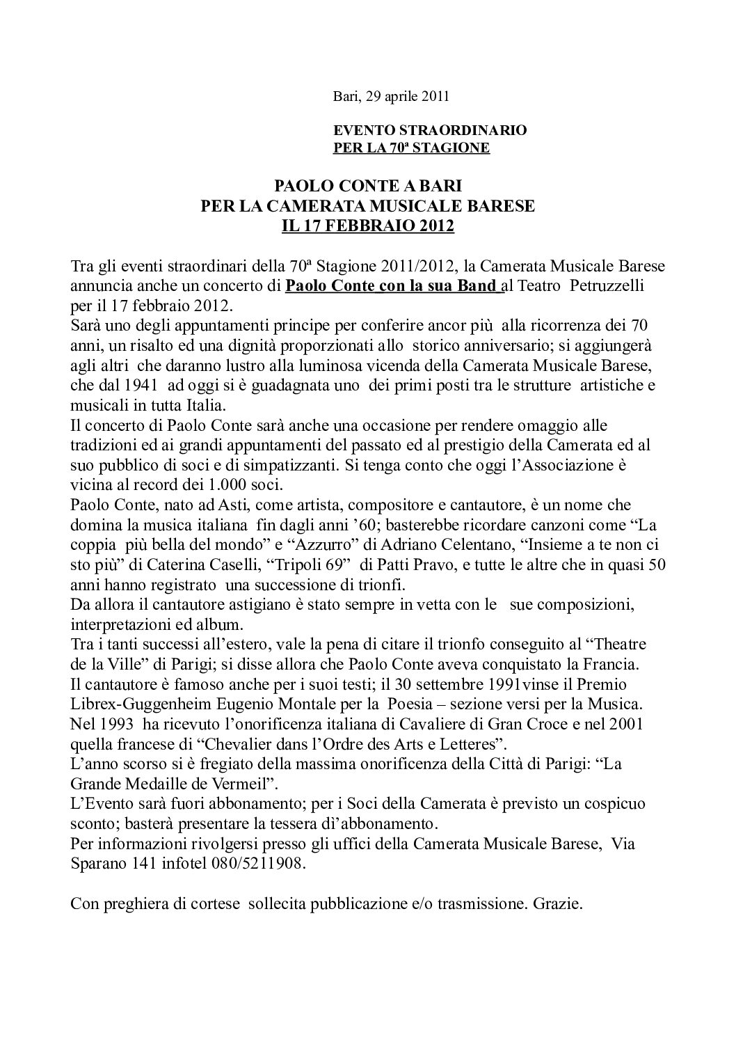PAOLO CONTE A BARI PER LA CAMERATA MUSICALE BARESE IL 17 FEBBRAIO 2012