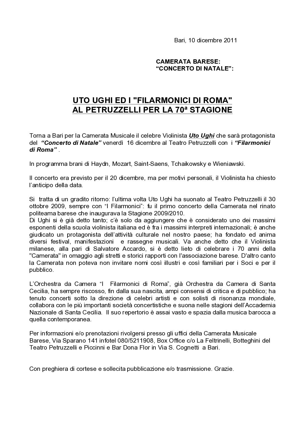 UTO UGHI ED I "FILARMONICI DI ROMA" AL PETRUZZELLI PER LA 70ª STAGIONE