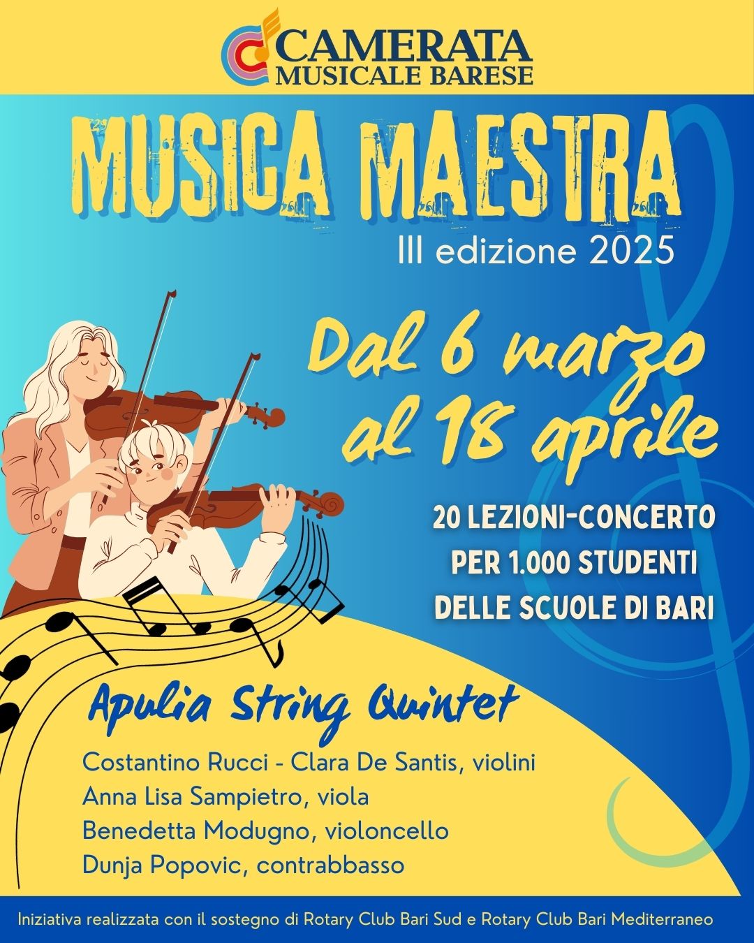 LA CAMERATA MUSICALE BARESE TORNA NELLE SCUOLE CON VENTI LEZIONI-CONCERTO PER CENTINAIA DI STUDENTI   AL VIA LA TERZA EDIZIONE DELLA RASSEGNA “MUSICA MAESTRA” CON APULIA STRING QUINTET  COSTANTINO RUCCI, VIOLINO  CLARA DE SANTIS, VIOLINO  ANNA LISA SAMPIETRO, VIOLA  BENEDETTA MODUGNO, VIOLONCELLO  DUNJA POPOVIC, CONTRABBASSO   DAL 6 MARZO AL 18 APRILE IN QUATTRO ISTITUTI COMPRENSIVI DI BARI